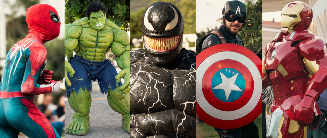 Personaggio in costume Buoni & Cattivi — Iron Man, Capitan America, Spiderman, Hulk e Venom — Tribute
